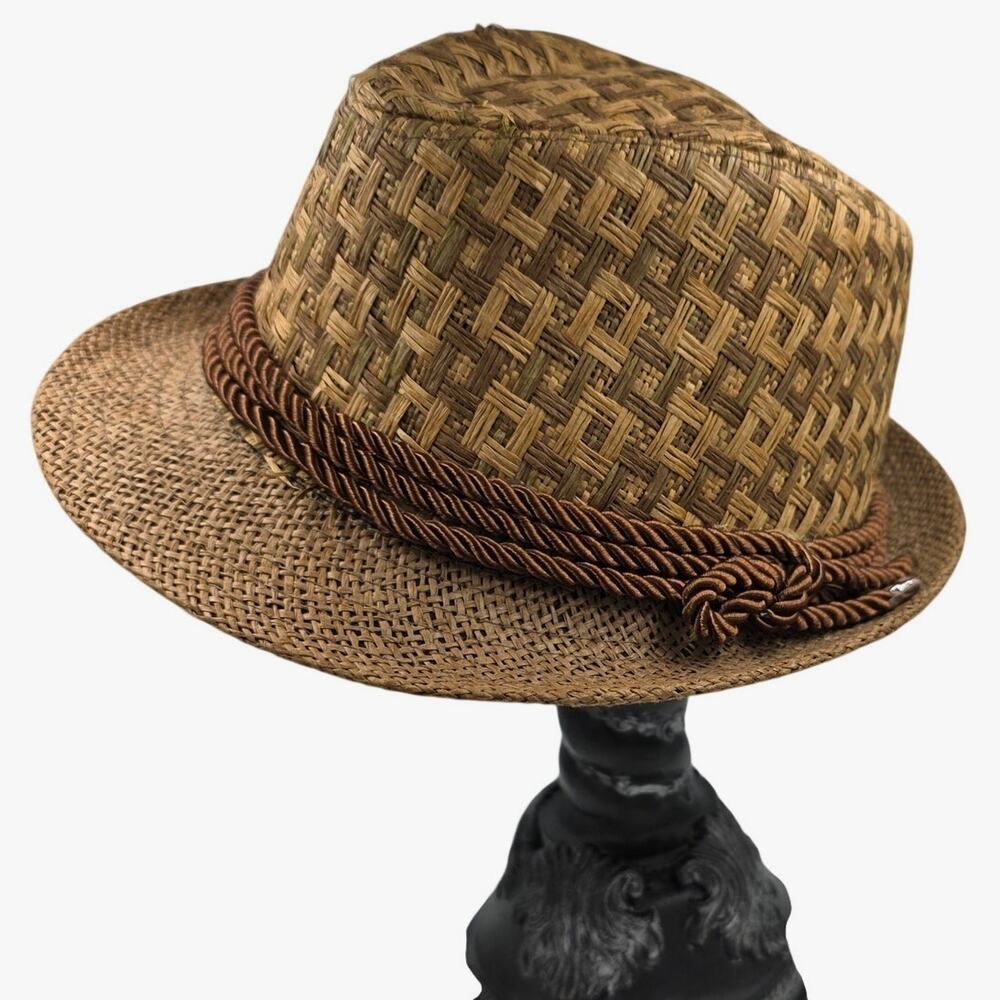 Women's Derby Hat Brown & Tan Check Woven Detail 100% Paper Brown Cording Band